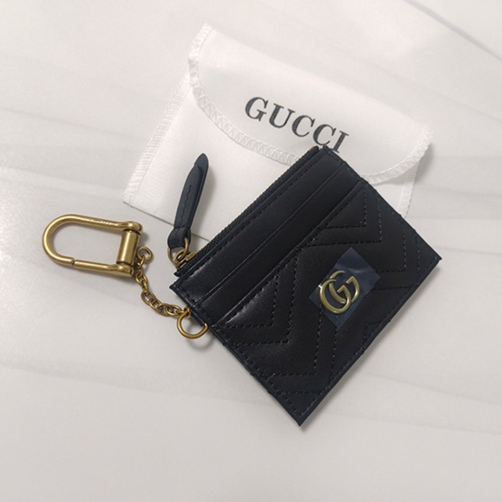 Gucci Quilted Black Card Holder with Gold Hardware